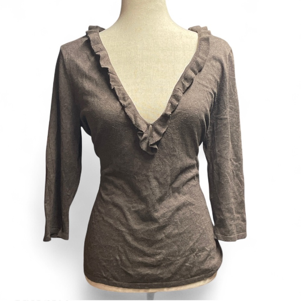 J. Jill Womens Petite M Brown Cotton Silk Cashmere Ruffle V-Neck Knit‎ Sweater
